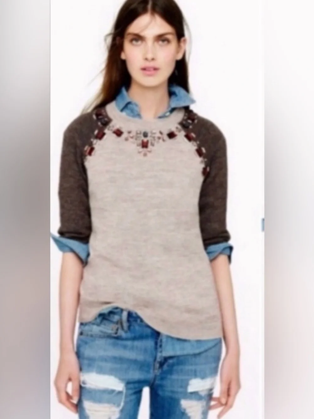 J. Crew Colorblock Jeweled Embellished Short Sleeve Sweater Brown/Tan/Golden XXS